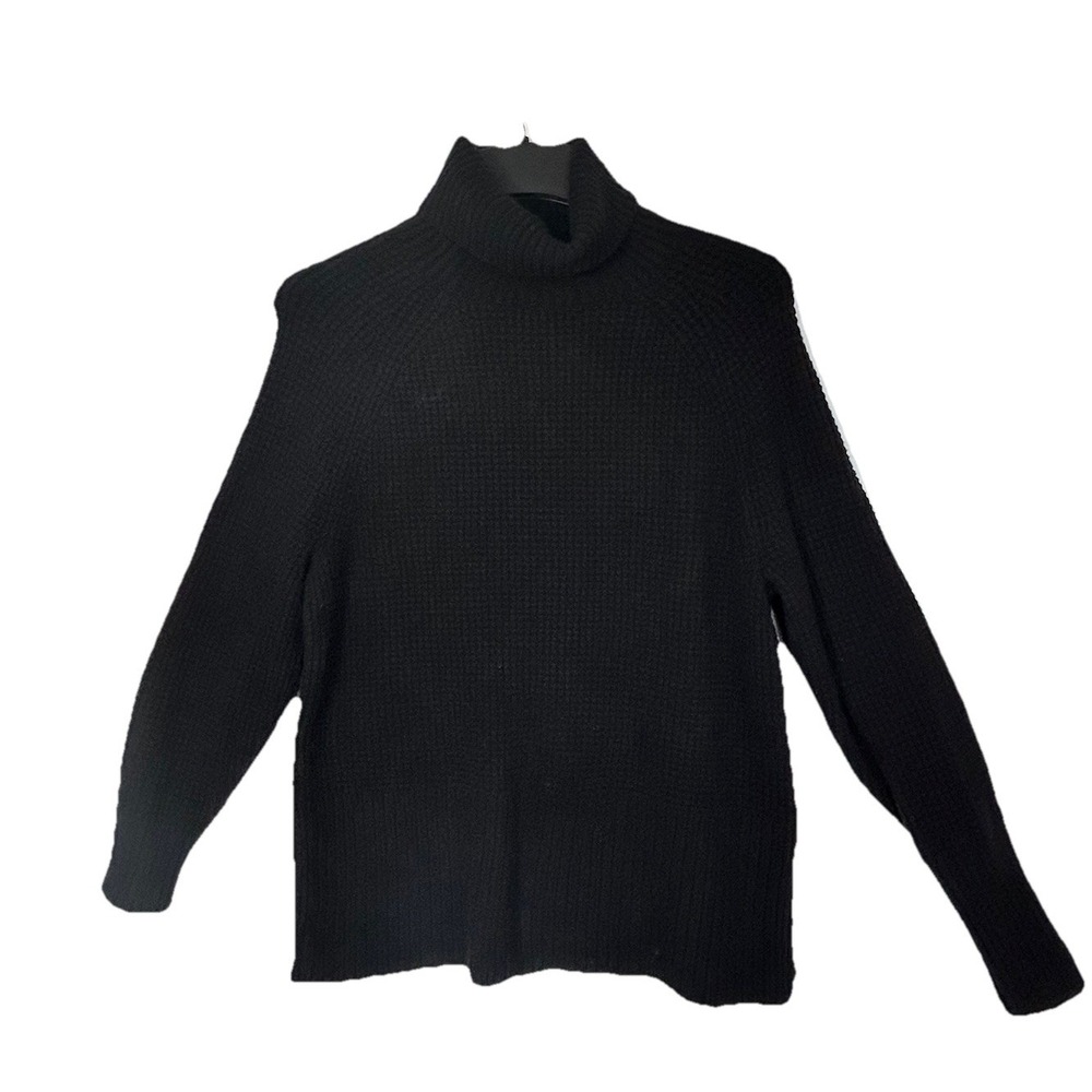 LL Bean Women's Sweater Waffle Knit Turtleneck Side Zippers Black Size Large